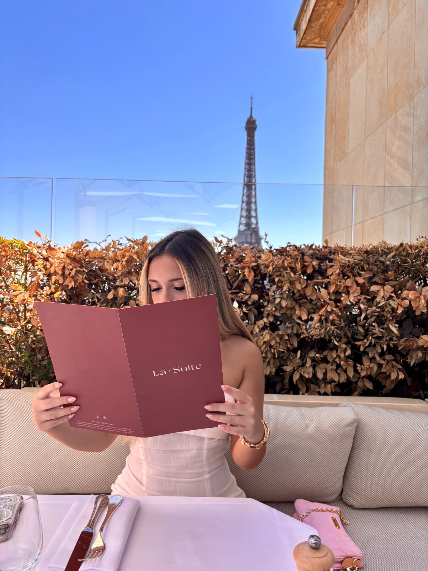 Lunch outside with the Eiffel Tower in the background