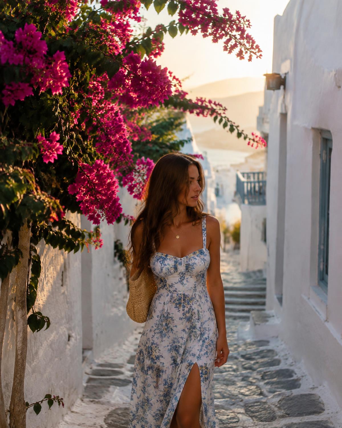 A whitewashed lane with bougainvillea